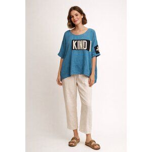 FLAX 100% Linen Top Size L | Blue Oversized Boxy Shirt | “KIND” Graphic Patch |